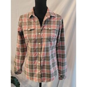 Eddie Bauer Womens XS Plaid Button Down Shirt Pink Green Roll Tab Sleeve